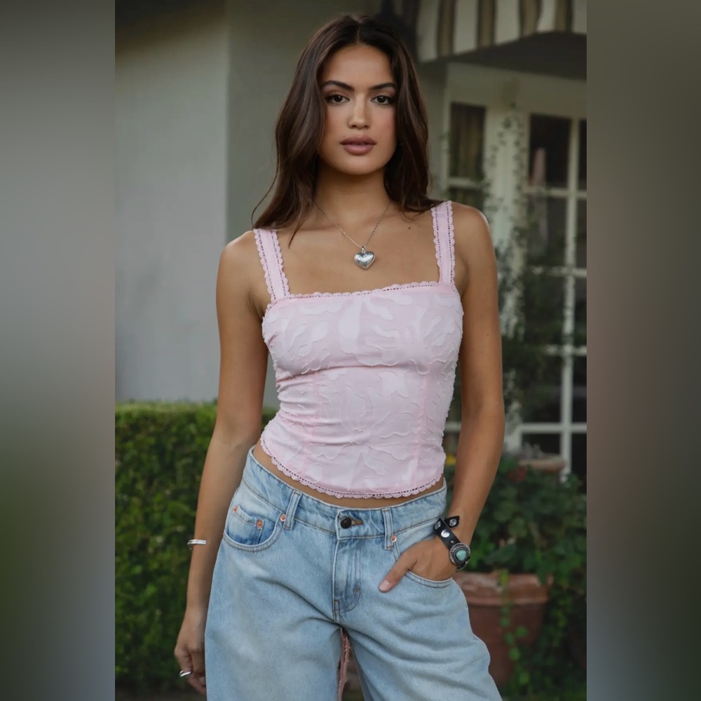 NWOT - Lace-Trim Square Neck Pink Tank Top